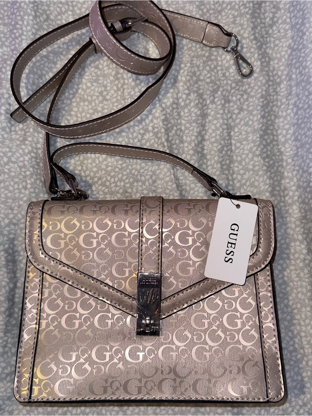 GUESS Metallic Blush Logo Shoulder Bag with Silver Hardware